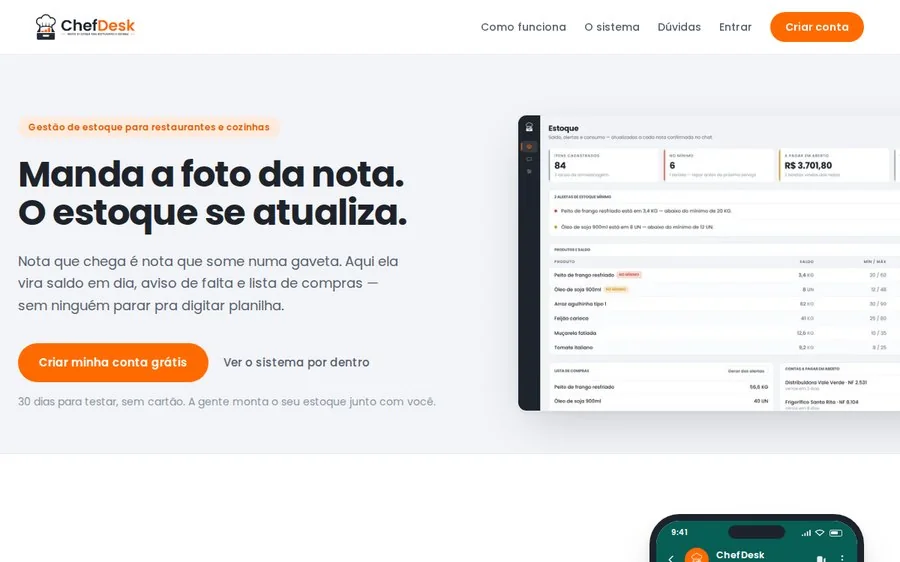 Site do ChefDesk aberto no computador, com o painel de estoque de um restaurante ao lado da chamada 'Manda a foto da nota. O estoque se atualiza.'