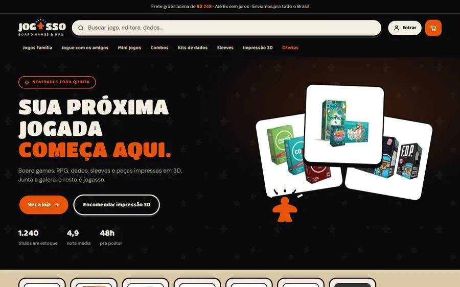 Loja virtual Jogasso, de board games e RPG, aberta no computador